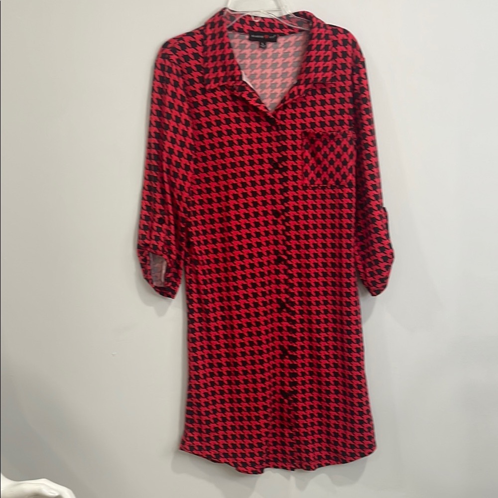 Ambiance Red and Black Midi Dress with Notched Collar and 3/4 Sleeves